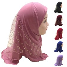 Muslim Kids Girls Hijab Prayer Scarf Amira Turban Hat Lace Shawl Head Wrap 2-6Y