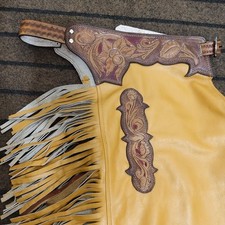Mens Yellow Leather Fringe Chaps Western Cowb...