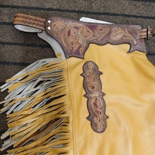 Men's Yellow Leather Fringe Chaps Western Cowboy Rodeo Ranch Workwear