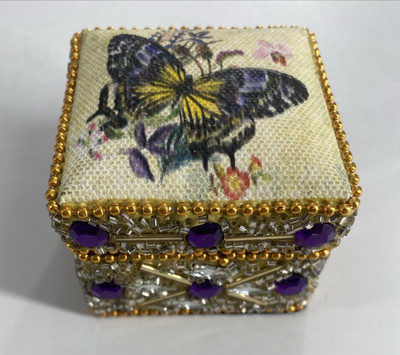 Hand Decorated Butterfly Mini Jewelry Box Beaded Rhinestone Vanity Decor Trinket