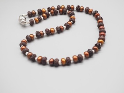 Elegante Lava & Perlen  Halskette, Magnetverschluss, braune Edelsteinkette