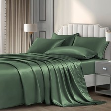 6 Pieces Queen Satin Sheets Luxury Woodland Green Satin Bedding Sheet Set, 1 Dee
