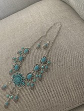 Turquoise Stone Necklace and Earring Set Silver Boho