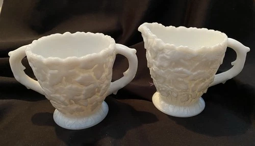 Vintage Westmoreland  Milk Glass Bramble-Maple Leaf Sugar  Creamer Set
