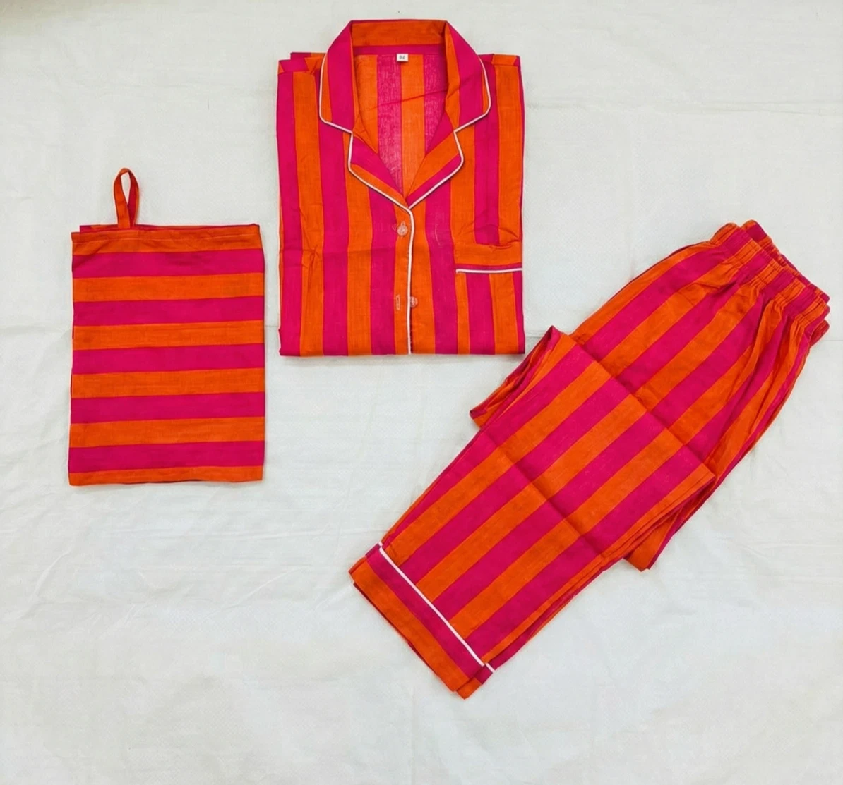 Orange Pink Striped Women PJ/ Co-ord Set, Boho Pyjama Set with Carry Pouch
Opens in a new window or