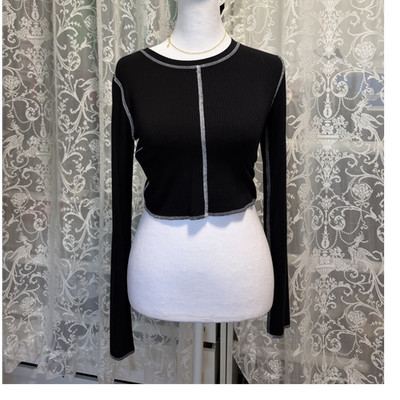 Garage Black Ribbed Knit Cropped Long Sleeve Top with Contrast Trim, Slim Fit