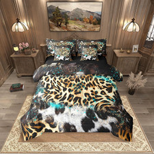 7-Pc Queen Aztec Leopard Bed Set - Rustic Teal  Brown Comforter