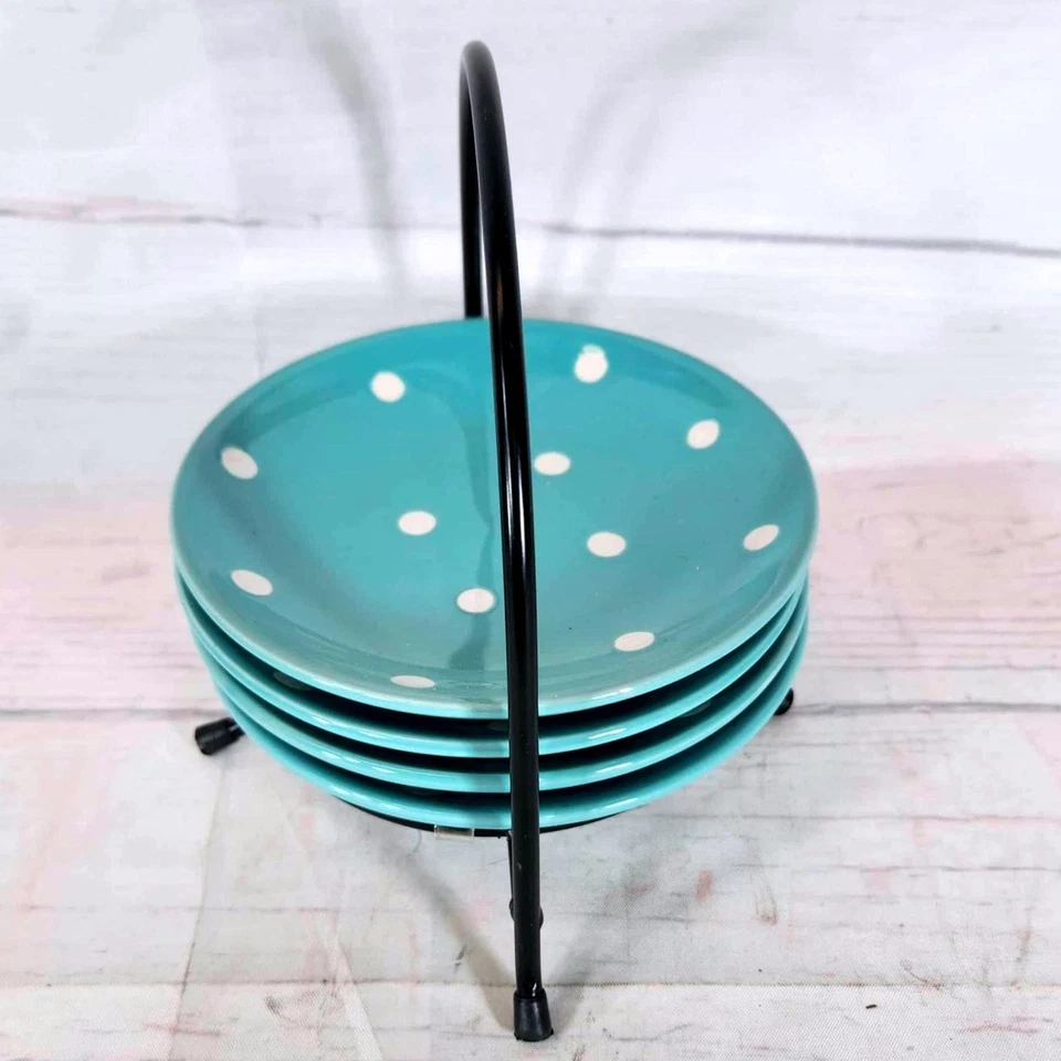 Juego de 4 platos de postre de gres turquesa a lunares exclusivos para artículos para el hogar Foto 2 de 4