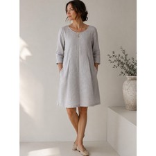 GARNET HILL Essential Three-Quarter-Sleeve Linen Dress Gray Sz 10 $139 {3N42}