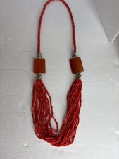 Orange seed glass beads Necklace with amber blocks nicec