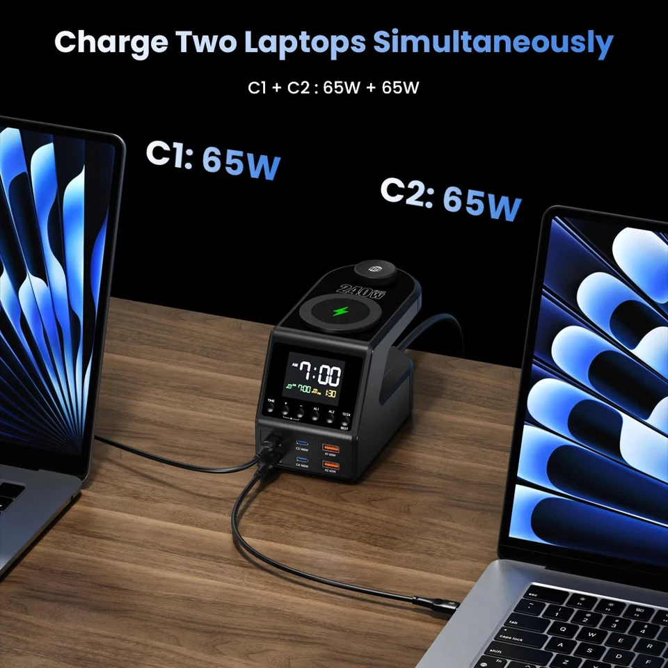 240W Multi USB Type C PD 140W Fast Charger Station Wireless Charger Time Display - Image 4 of 4