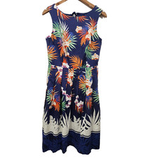 Talbots A Line Orchid Print Pleated Fully Lined Midi Dress Navy Blue Womens 4