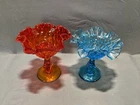 Vintage Fenton Art Glass Ruffled Edge Blue And Red Pedistal Bowls Lot Of 2 EUC