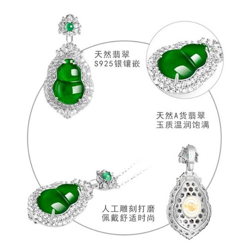 Certified Green Natural A Jade jadeite 925Sterling Silver Gourd Pendant Necklace - Picture 3 of 10