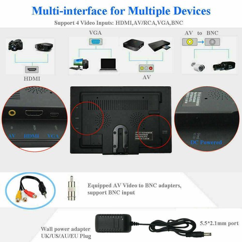 7" Display Small Portable Monitor USB LCD Screen AV VGA HDMI Security Speakers - Picture 7 of 12