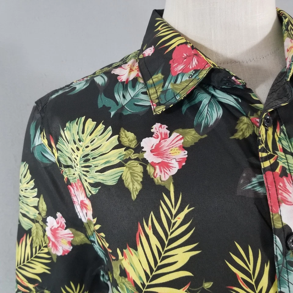 Herrero Irrompible Camisa Hawaiana Hombre Mediana Grande Negra Floral Tropical Foto 4 de 4
