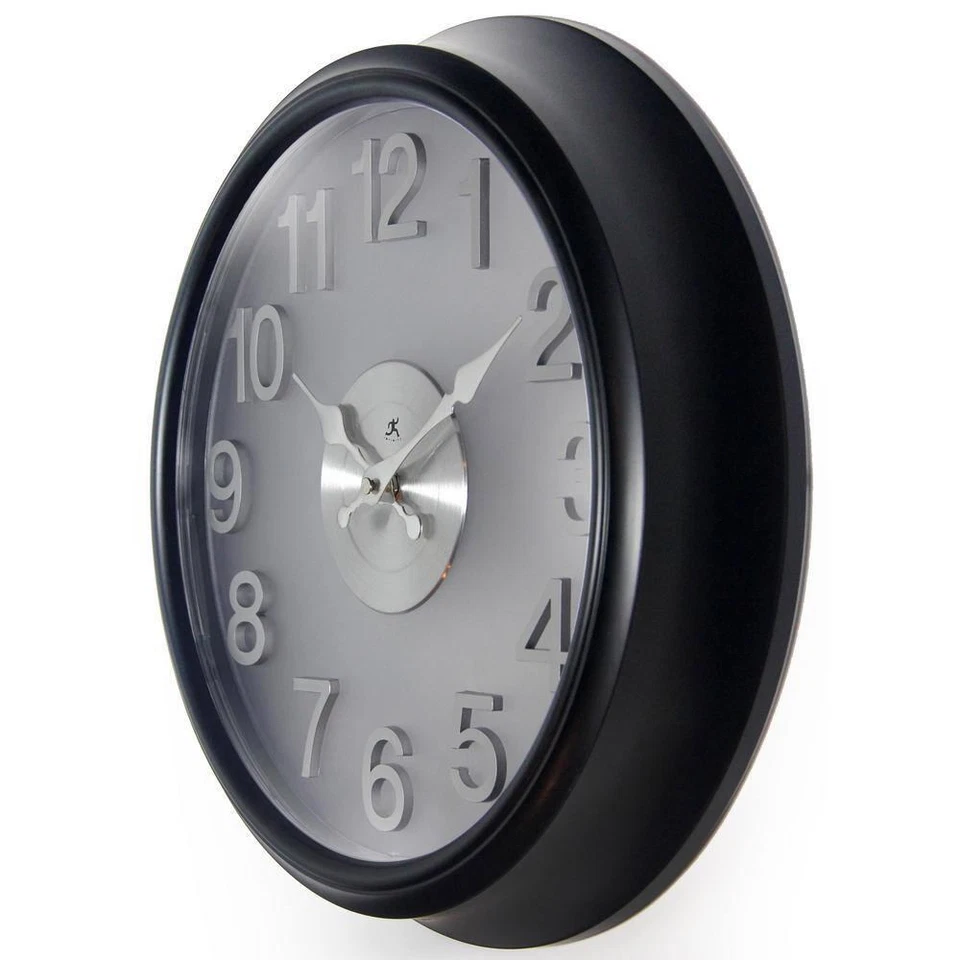 Wall Clock Black Case Round Bold Modern Glass Lens Silver Face Quartz Movement - Image 3 of 4