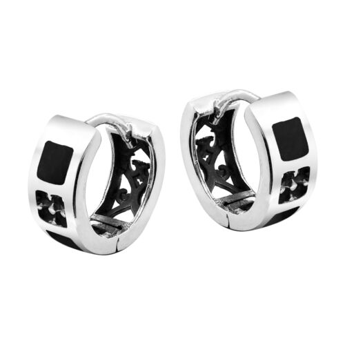 Boucles d'oreilles Huggie Hoop incrustation noire onyx argent sterling - Photo 1 sur 5