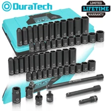DURATECH 55-Pieces 1/2" Impact Socket Set Deep Impact Sockets SAE Metric 6 Point