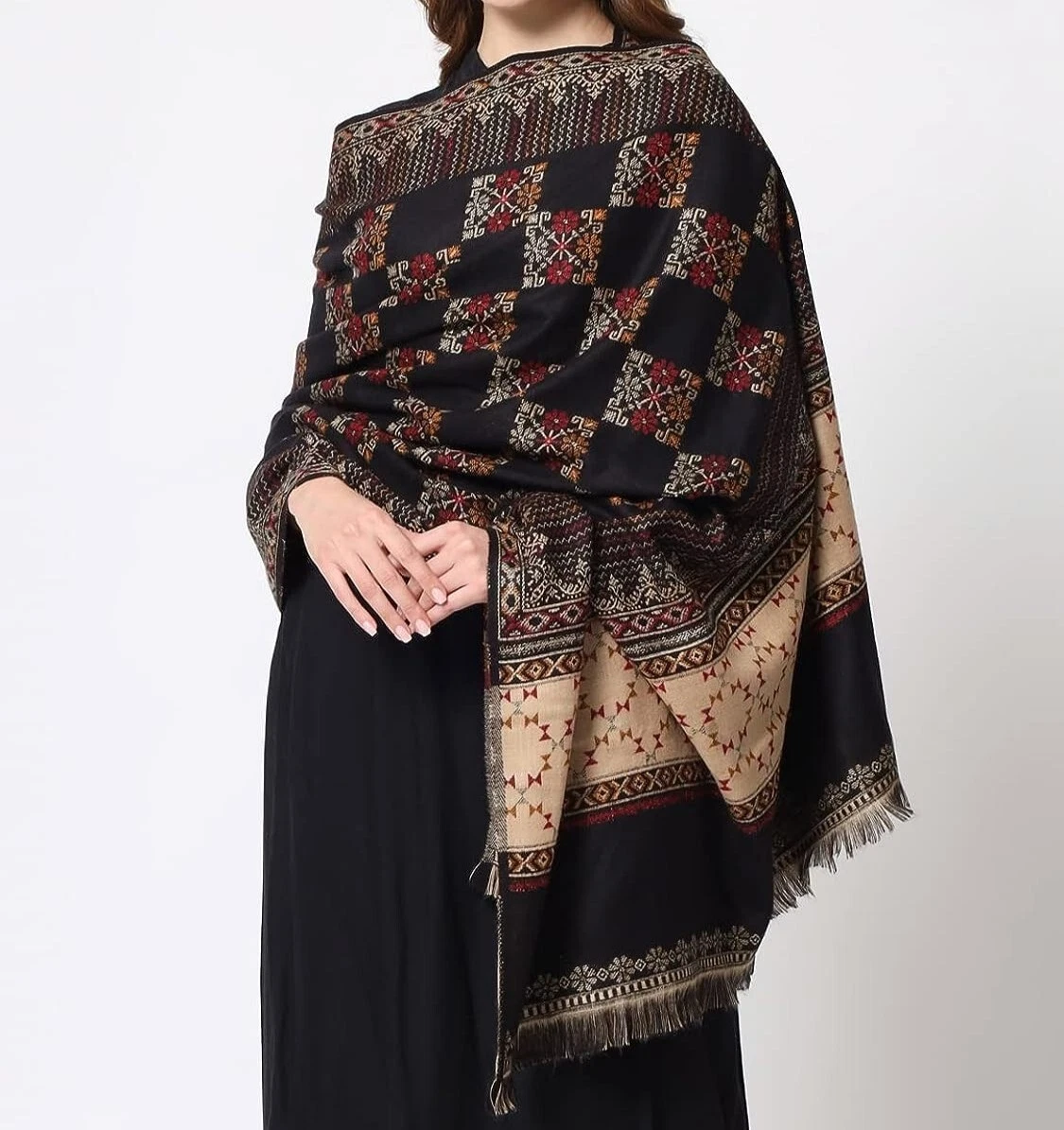 Womens Mens Cashmere Indian Oversized Blanket Wool Scarf Shawl Wrap colour_Black