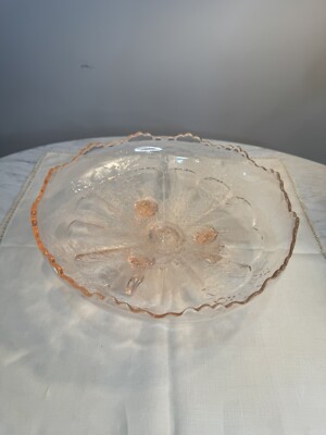 Vtg Depression Pink Glass Buck Deer Stag And Holly Footed Serving Dish Bowl