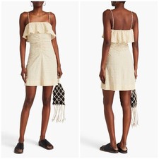 Ganni Natural Ruched Gingham Seersucker Motif Mini Dress NWOT Size EU 44 US 14