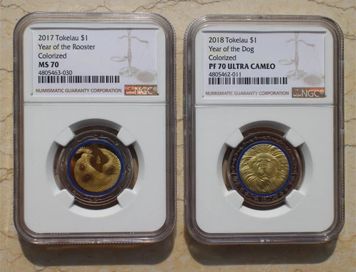 A Pair of NGC MS70+PF70 Tokelau Lunar Year Series Coins - Rooster & Dog