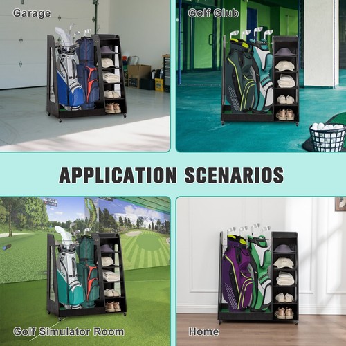 Wooden Golf Bag Organizer w/Wheels Stylish Golf Storage Rack Holds 2 Golf Bags - Picture 8 of 17
