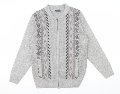 Tootal Herren Strickpullover grau geometrisch durchgehender Reißverschluss L