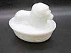 VTG Westmoreland Milk Glass Lion on a Nesting Basket covered dish 5.5" by 4.25"