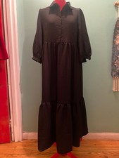 XL Black Shein 3/4 Sleeve Maxi Dress Collar Button Down Tier NWOT