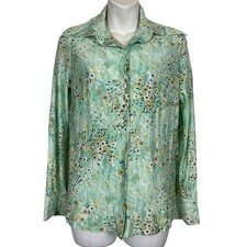 Sears Women's Vintage 70's Floral Casual Button Up Wide Collar Green Shirt Small