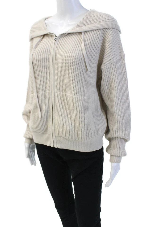 Suéter con capucha tejido gofre cremallera frontal blanco + Warren para mujer marrón algodón mediano Foto 2 de 4