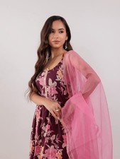 Burgundy Floral Print Cotton Fit And Flare Kurta Trouser  Dupatta Set
