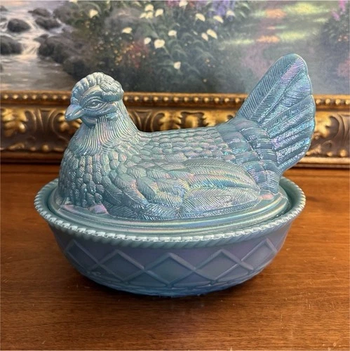 Mosser Blue Carnival Hen on Nest Covered Bowl, Decorative, 7 in