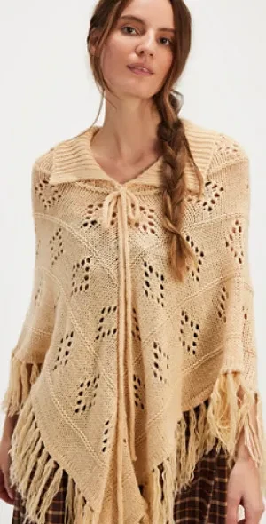 Free People x Understated Leather Fringe Eyelet Knit Poncho Cream OS New