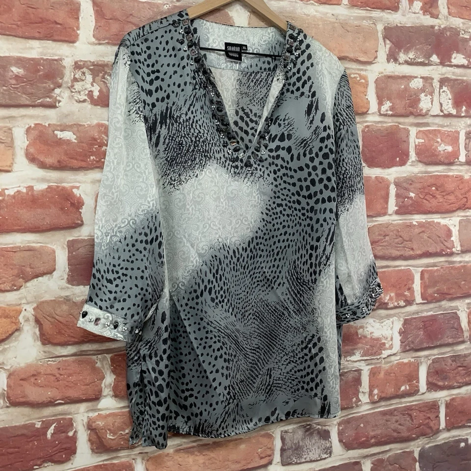 Sharon Young Top Mujer XL Multicolor Floral Abstracto Satén Cuentas Túnica Camisa Foto 2 de 4