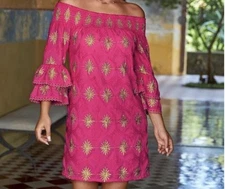 Boston Proper Metallic Detail Off The Shoulder Shift Dress Hot Pink Size Small