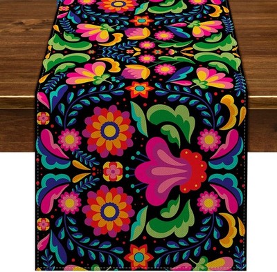 Nepnuser Mexican Table Runner for Dia De Los Muertos Fiesta Cinco De Mayo Rustic
