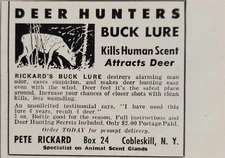 1955 Print Ad Pete Rickard Deer Hunter Buck Lure Kills Human Scent Cobleskill,NY