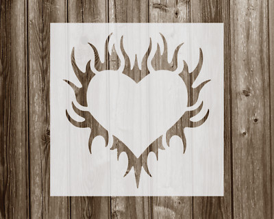 Heart with Flames Stencil, Durable Handmade Mylar Reusable Craft Template, 298