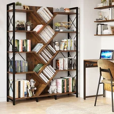 71" Tall Tree Bookcase Etagere Bookshelf Open Storage Display Rack Rustic Brown
