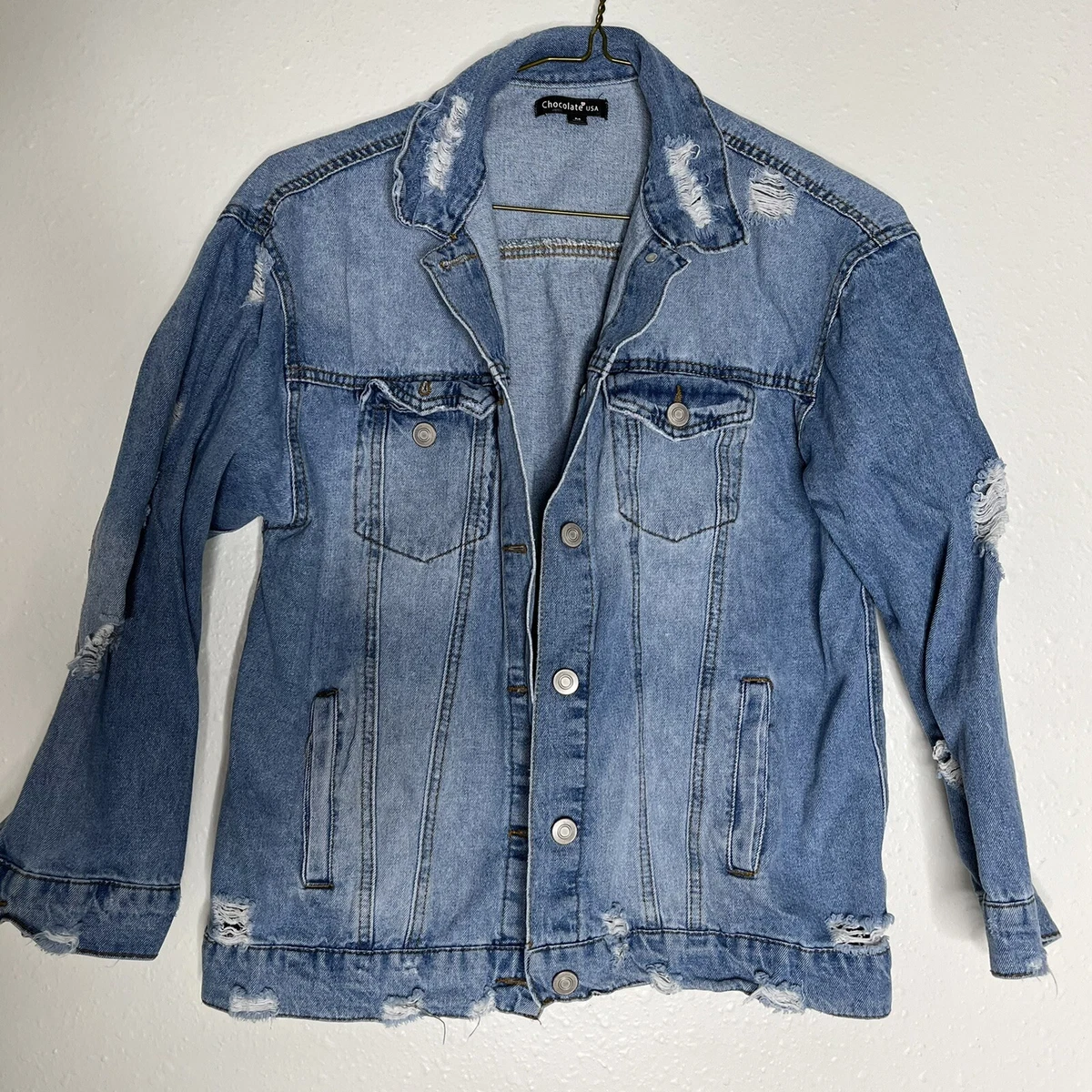 Chocolate USA Distressed Oversized Denim Jean Jacket Blue Sz M