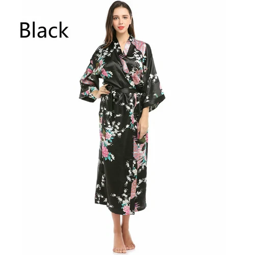 Damen Kimono Robe Kurz Satin Robe Pfau Nachtwäsche