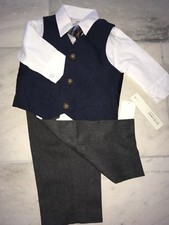 NWT Perry Ellis Baby 4 Piece Suit Navy Vest Gray Pants Tie 12 Months Infant Suit