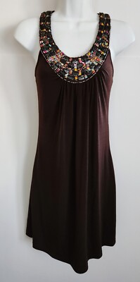 BCX XS Mini Dress Halter Racerback Heavily Beaded Scoop Neckline Brown Stretch N