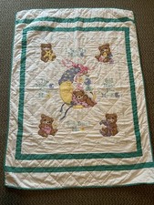 Vintage Cross Stitch Moon Teddy Bear Baby Quilt Blanket 43" x 54"