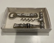 Pier 1 Imports Metal Bamboo Bar Tools Set Corkscrew,Bottle Opener & Wine Stopper