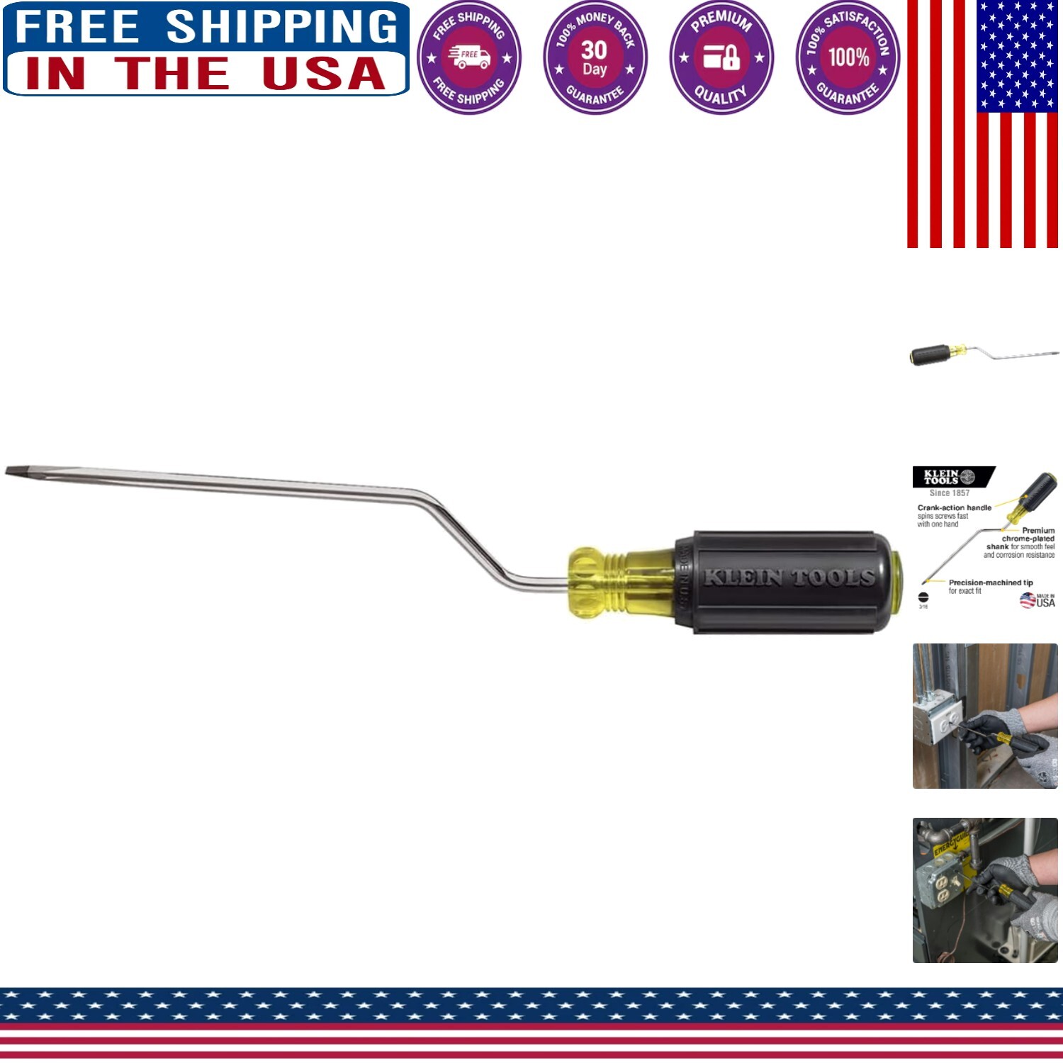 Klein 3/16-Inch Insulated Cabinet Screwdriver with Crank Handle for Electrical Work  