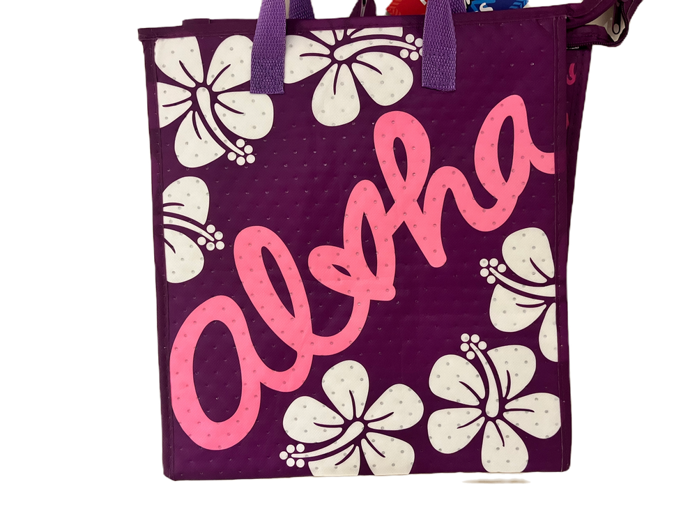 Aloha Hibiscus Purple Insulated Hawaiian Tote Bag